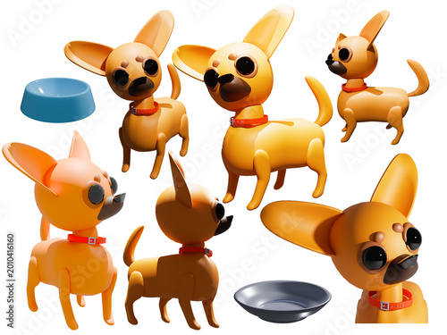 Cartoon dog, Chihuahua, 3D model, set of illustrations