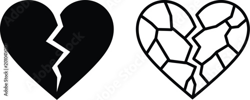 Tableau sur toile Set of broken heart icons featuring a solid black silhouette with a jagged crack