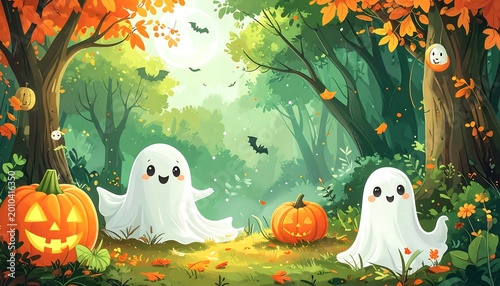 Whimsical autumn forest scene with cute ghosts and jack-o'-lanterns