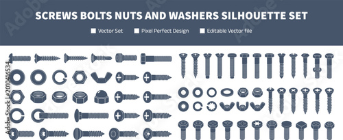 Screws bolts nuts and washers silhouette set with hardware fasteners isolated on white background industrial construction vector collection