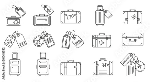 Set of travel suitcase and luggage tag outline icons.