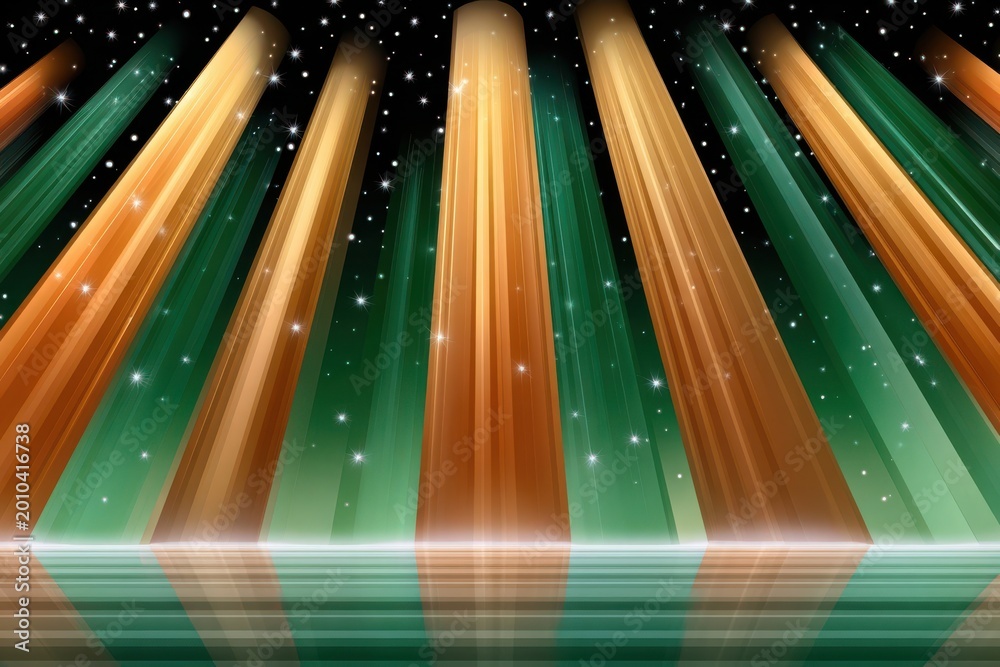 Fototapeta premium Golden beams and glowing green light with starry reflections creating a festive abstract background