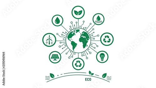 Obraz na płótnie Eco-Consciousness: A vibrant graphic illustrates our planet at the center of sustainability, surrounded by symbols representing eco-friendly resources and practices