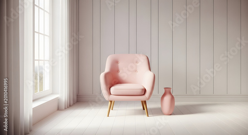 Modern pink armchair with a matching vase in a minimalist room