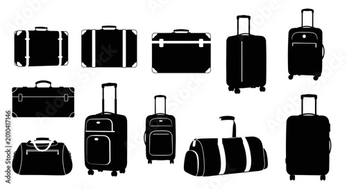 Photos Set of black silhouette travel luggage and suitcases icons.