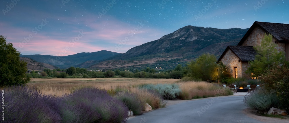 Fototapeta premium Countryside villa with lavender fields at dusk near mountains