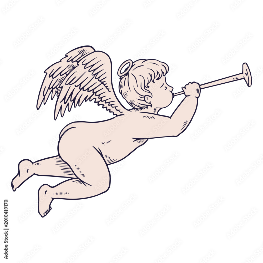 Fototapeta premium Heavenly cherub playing the flute