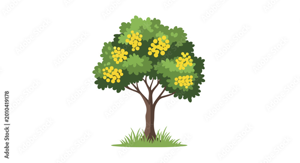 Fototapeta premium Lush Green Tree Illustration with Yellow Blossoms and Grass Isolated on White Background