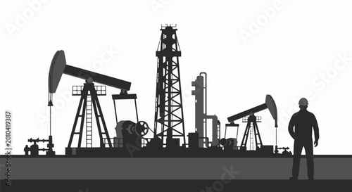 Photos Oil drilling rig and pumpjacks silhouette with worker.
