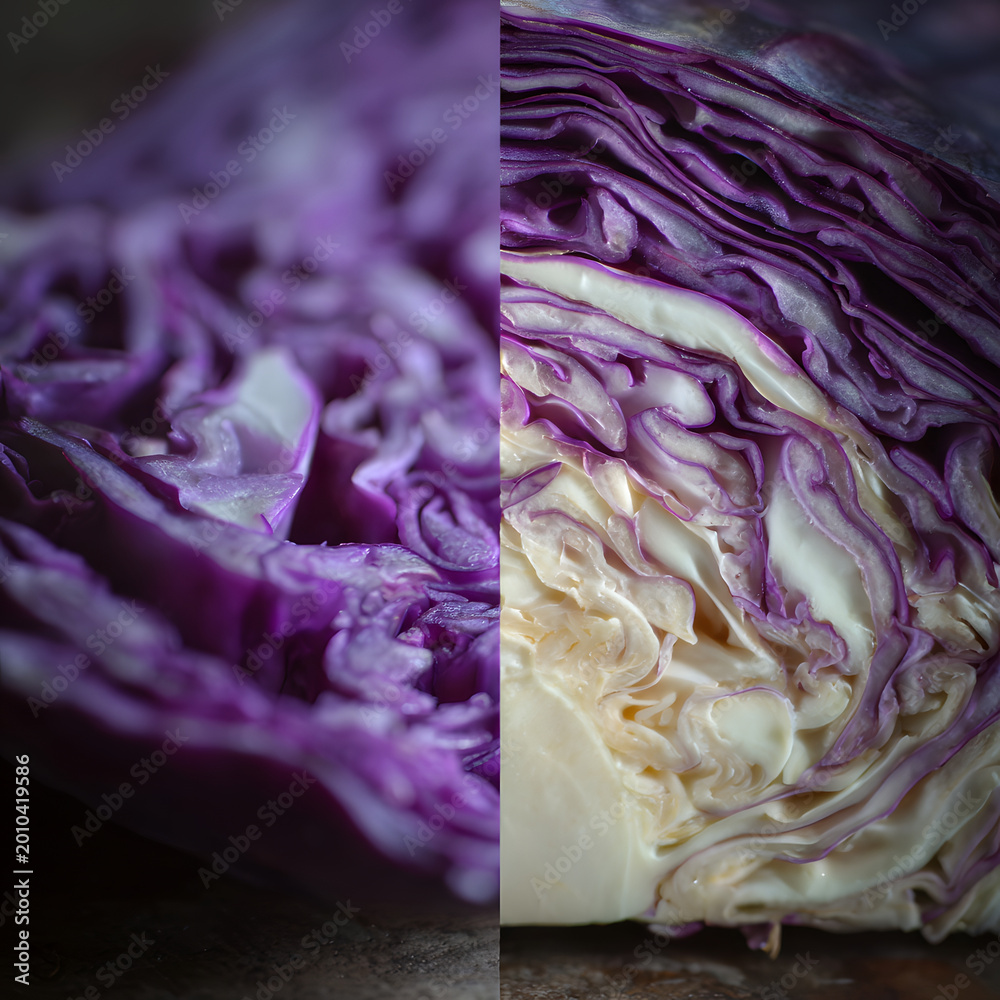 Obraz premium Purple cabbage slice close up texture vegetable cross section macro vivid layers crisp natural