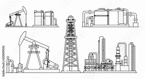 Oil industry equipment and facilities line art illustration 1.