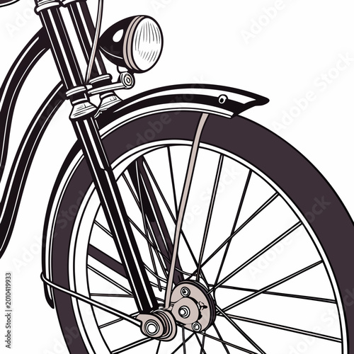 Slika na platnu Close up illustration of a bicycle front fork wheel and headlamp with mudguard