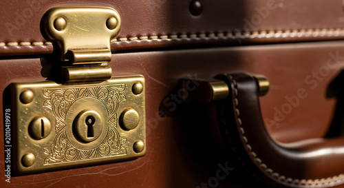 Classic train case luggage made of brown premium leather with ornate brass lock and handle, vintage travel accessory for luxury journeys, macro shot focusing on metallic details and stitching.