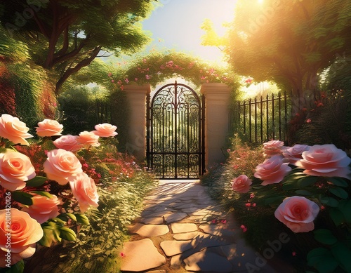 a secret garden path hidden among tall hedges and blooming roses with a mysterious iron gate at the end under a bright afternoon sun