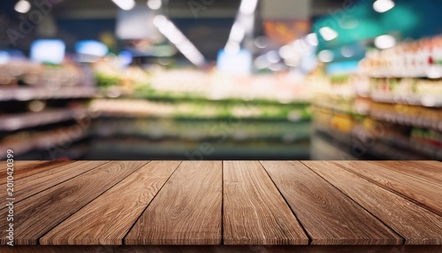 empty old wood counter with blur bokeh supermarket background for product display