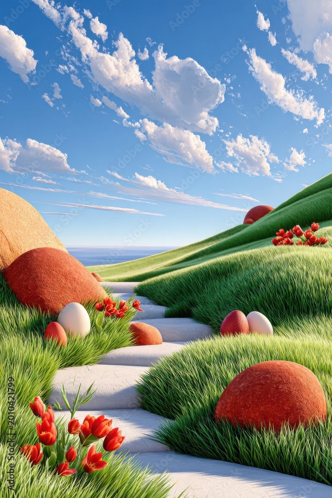 Fototapeta premium Serene grassy hill with Easter eggs, red tulips and a winding path toward the sea