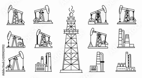 Schilderij op canvas Oil industry equipment pumpjack and refinery icons set.