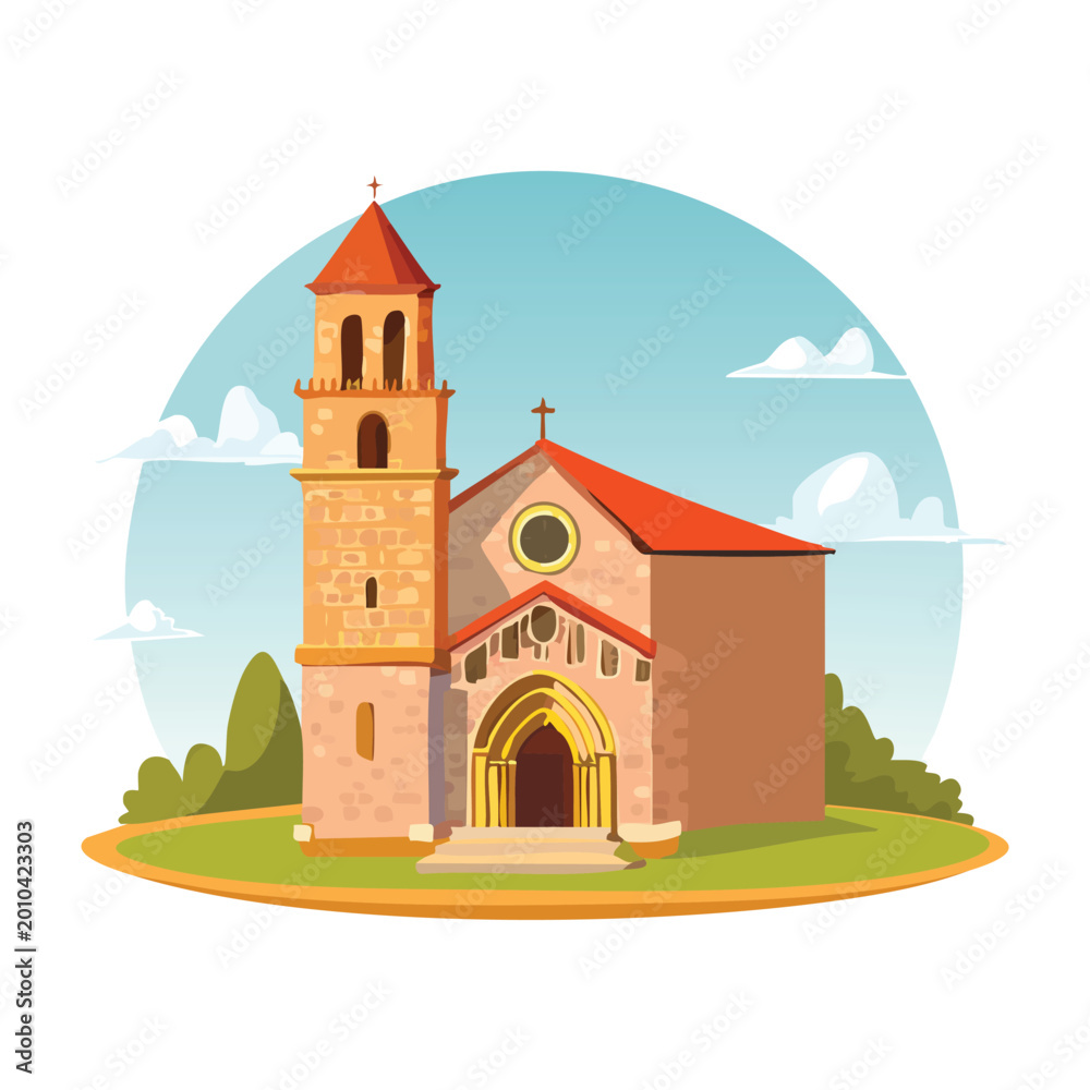 Naklejka premium Cartoon church illustration on green landscape with clear sky