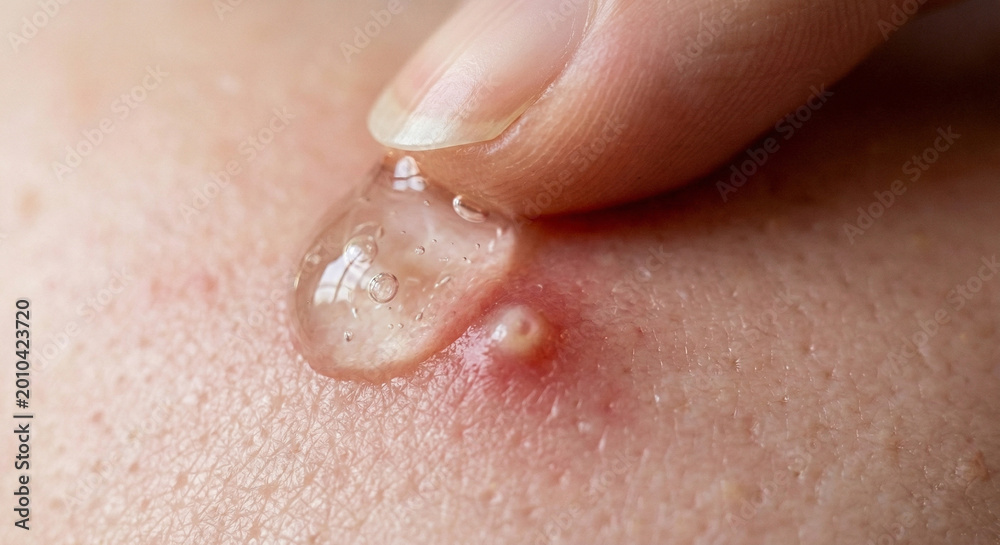 Fototapeta premium Macro view of finger applying salicylic acid serum to blemish