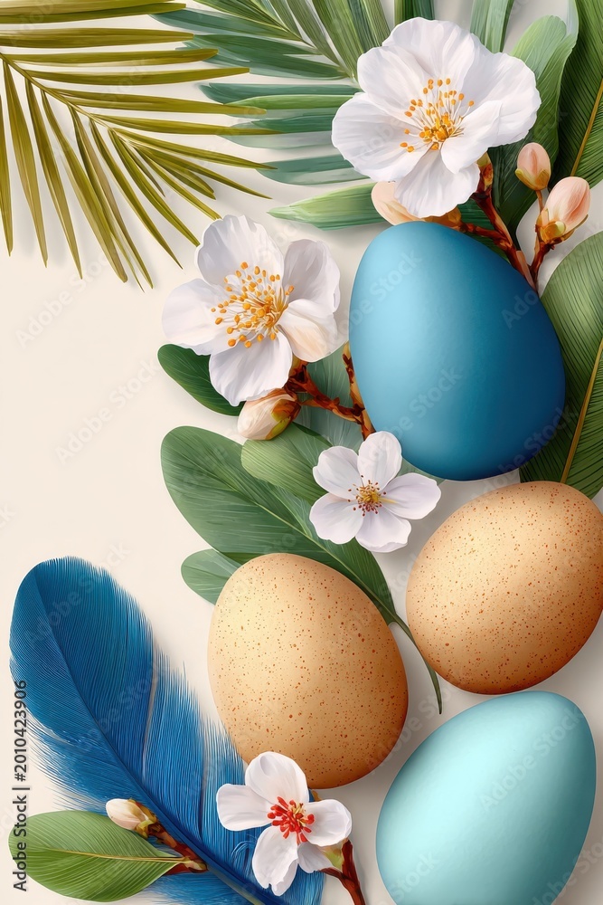 Obraz premium Easter background with blue eggs, spring blossoms and decorative feathers on botanical leaves