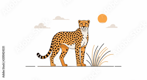 Cartoon cheetah with spots standing in dry grass under a sunny sky