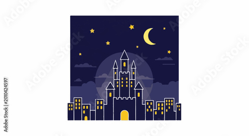 A dark castle stands tall against a moonlit, starry night sky