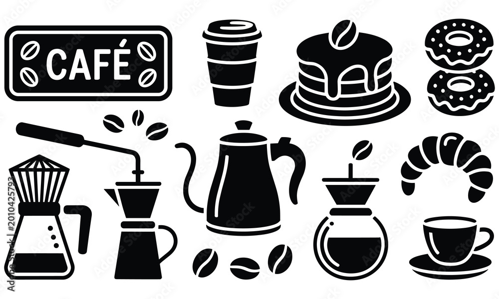Fototapeta premium Black and white illustration of coffee pastries and caf signage