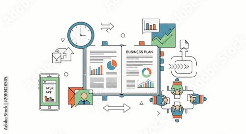 Business plan development with team, clock, and task app