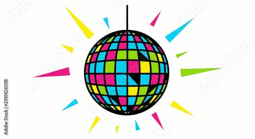 Bright disco ball with radiating colorful geometric shapes