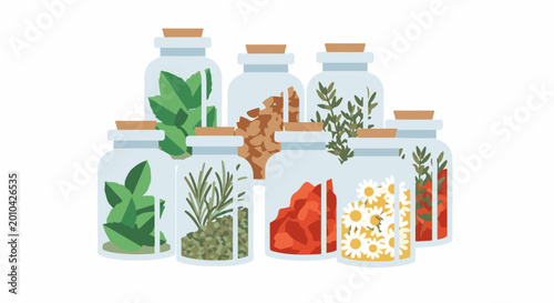Assortment of clear glass jars filled with dried herbs, spices, and flowers