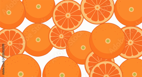 A vibrant and cheerful illustration of numerous whole and sliced oranges on a white background