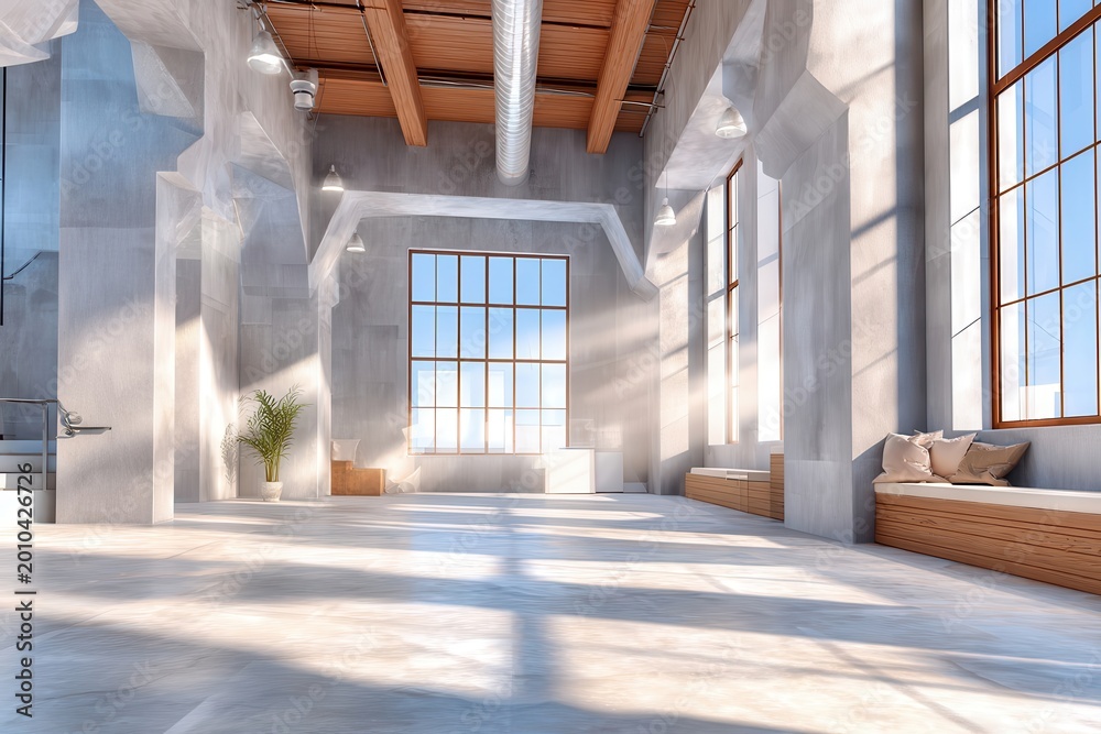 Fototapeta premium Bright industrial loft interior with large windows, high ceilings and unfinished concrete surfaces