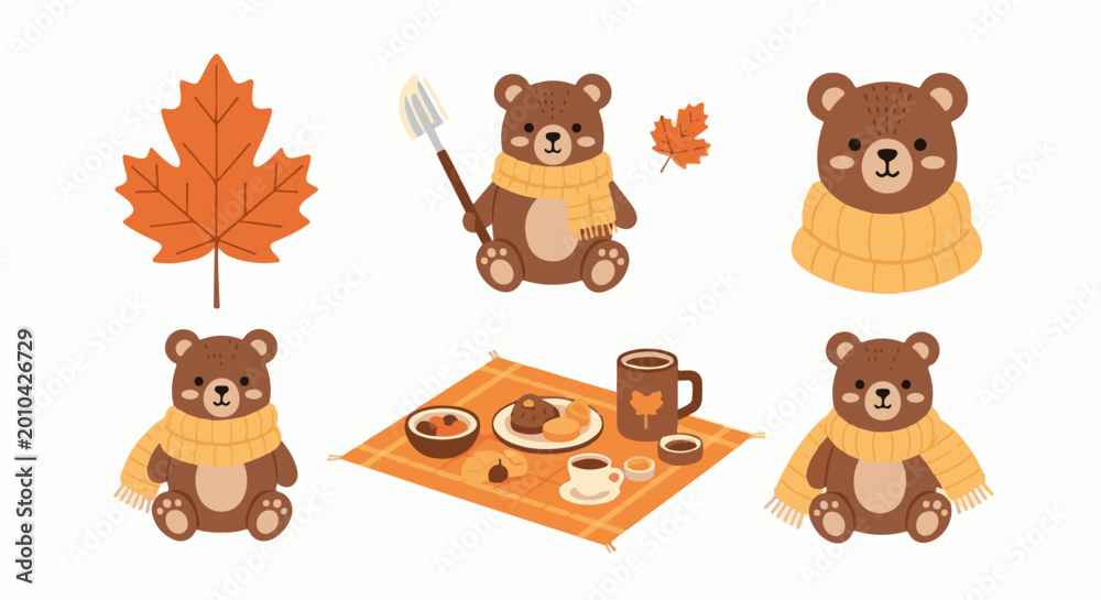 Fototapeta premium Cute cartoon bears and autumn treats in a cozy seasonal display