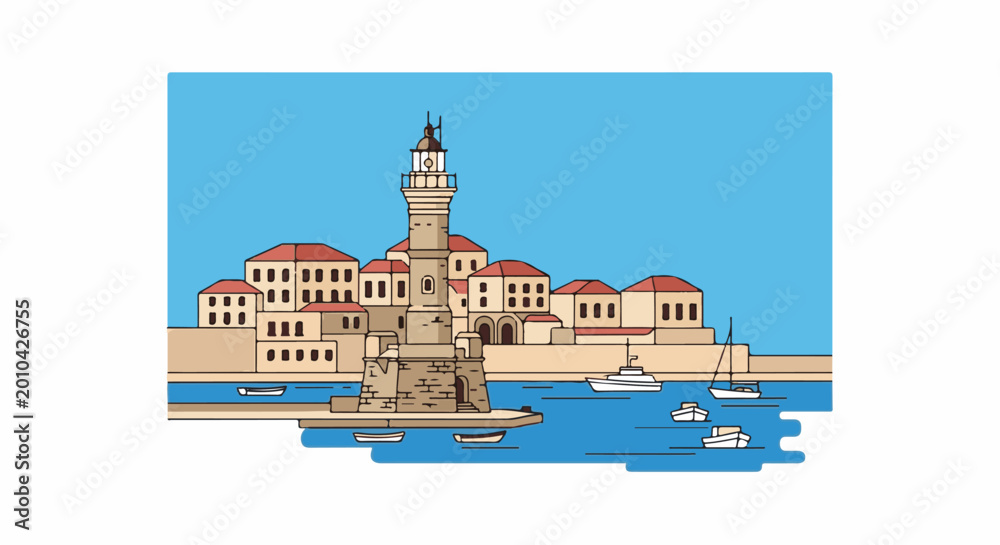Fototapeta premium Mediterranean coastal town with lighthouse, buildings, and boats