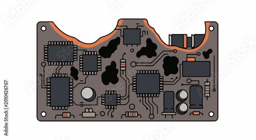 Circuit board with integrated circuits and components, stylized