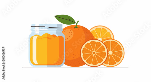 A glass jar filled with orange liquid next to an orange fruit and slices