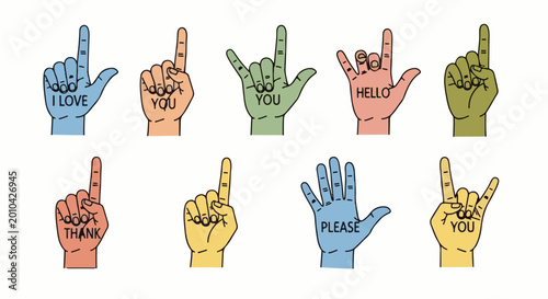 A collection of cartoon hands displaying various common phrases and gestures