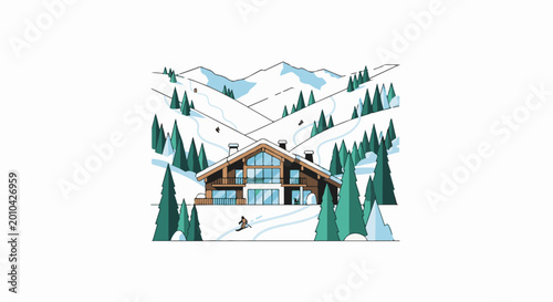 A modern ski lodge nestled among snowy mountains and pine trees