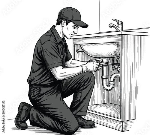 Man in cap and gloves repairs plumbing under sink with wrench plumber