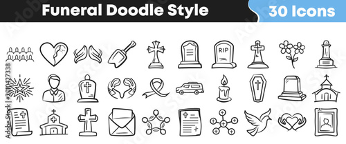 Schilderij op canvas Collection of hand drawn funeral themed icons in a simple doodle style