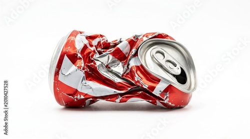 A hand-crushed, silver-and-red soda can on a white background.