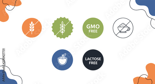 Collection of organic food product labels including gluten free and gmo free icons on white background with blobs.