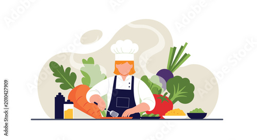 Professional female chef in a white uniform chopping fresh vegetables on a kitchen counter with various colorful produce.