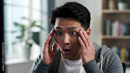Young Asian Man In Grey Hoodie Gasping In Shock With Hands On Face In Bright Indoor Room