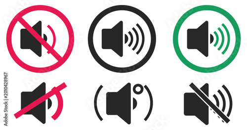 Φωτογραφία No speaker sound and keep silence icon set, red circle prohibition and green all