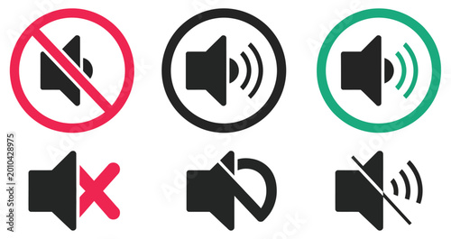 Tableau sur toile Mute and unmute volume icon set, sound off and sound on symbols with red and gre