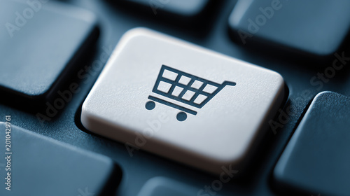 Close-up of a shopping cart icon on a computer keyboard key.