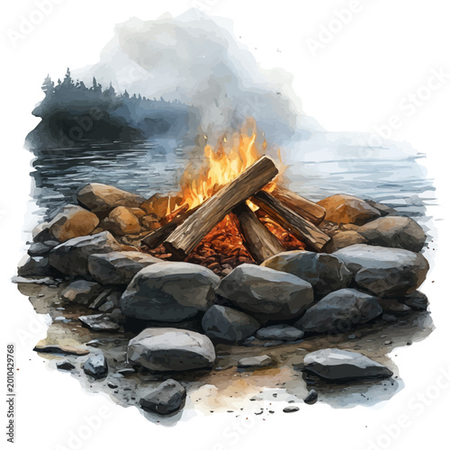 Obraz na płótnie watercolor of Bonfire On Summer Night draw illustration, isolated on a white background
