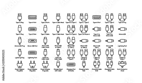 Canvastavla USB cable port icon set type C A lightning micro USB connector charger plug outl