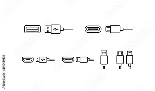 USB cable and charger connector icon pack type C A lightning micro USB port outline symbol set